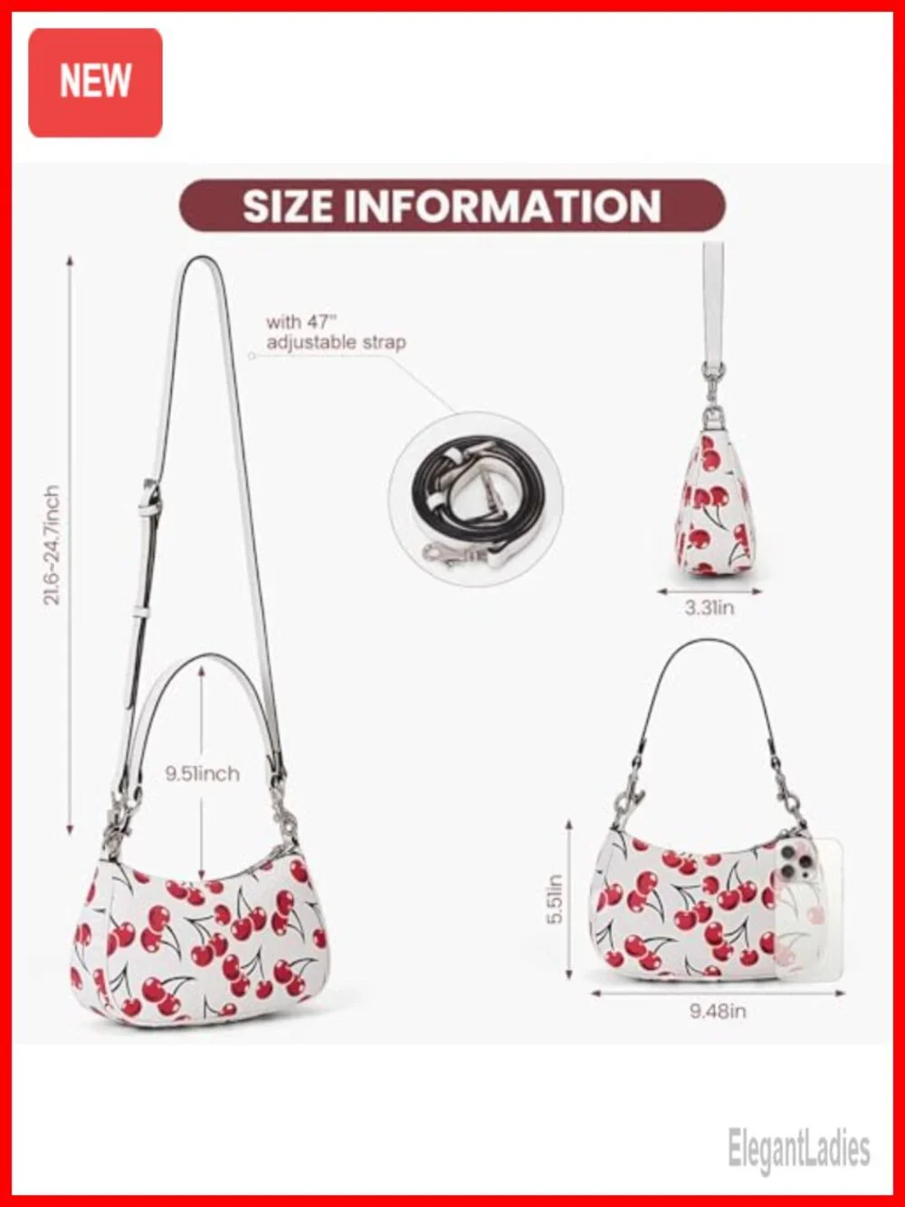 Cherry Hobo Shoulder Crossbody Bag with Adjustable Strap Faux Leather